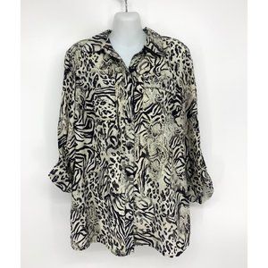 JM Collection all-over animal print long sleeve button down blouse